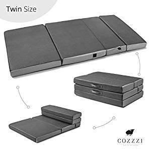 Trifold Foam Folding Mattress – Lightweight and Portable Multi-Purpose Spare Bed and Kids Mat – Compact and Easy Storage – Zip Off Cover – 4″ Thick – By Cozzzi