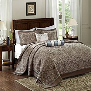 The Madison Park Aubrey King Size Quilt Bedding Set – Blue, Brown, Paisley Jacquard – 5 Piece Bedding Quilt Coverlets – Ultra Soft Microfiber Bed Quilts Quilted Coverlet